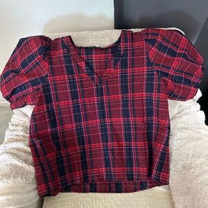 Red and Blue Plaid Puff Sleeve Top
